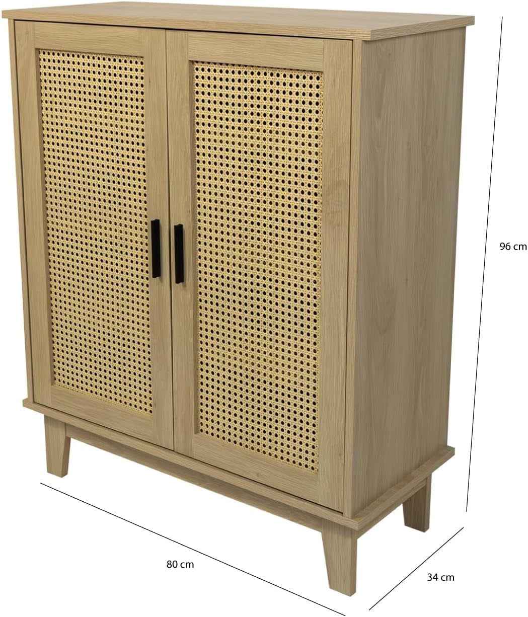 - Buffet - 80 X 34 X 96Cm - Cannage, Bois - 2 Portes - Rangement Élégant Et Pratique - Salon, Salle À Manger, Cuisine - Style Naturel Et Bohème