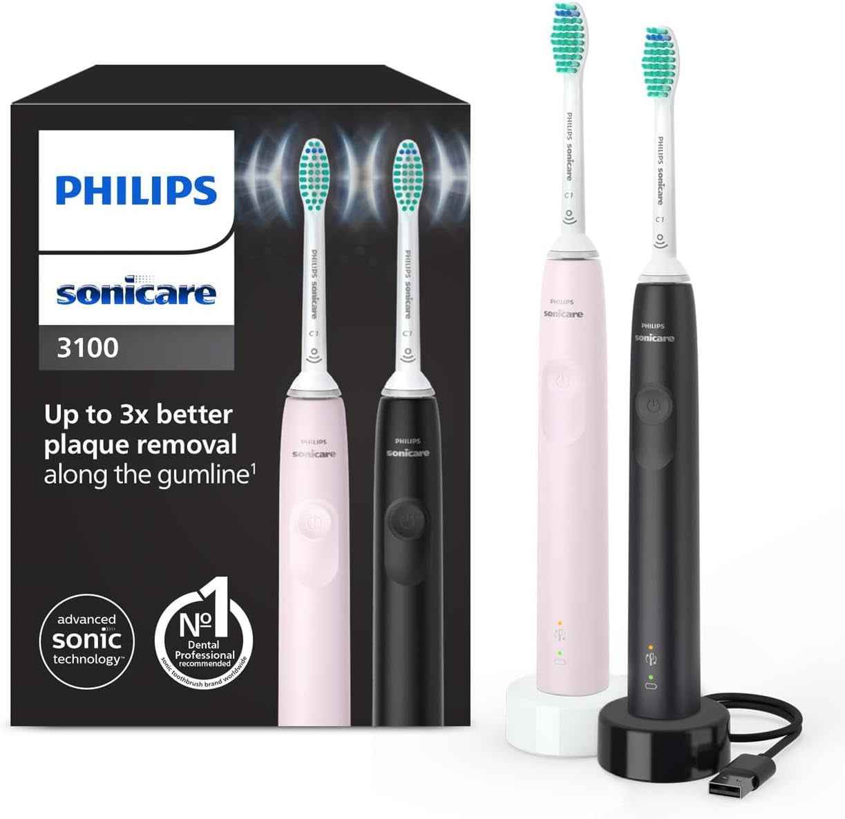 Sonicare 3100, Brosse À Dents Électrique Sonique, Capteur De Pression Et Minuterie, Rose Pastel Et Noir, Pack De 2, Modèle HX3675/15