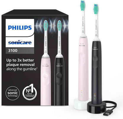 Sonicare 3100, Brosse À Dents Électrique Sonique, Capteur De Pression Et Minuterie, Rose Pastel Et Noir, Pack De 2, Modèle HX3675/15