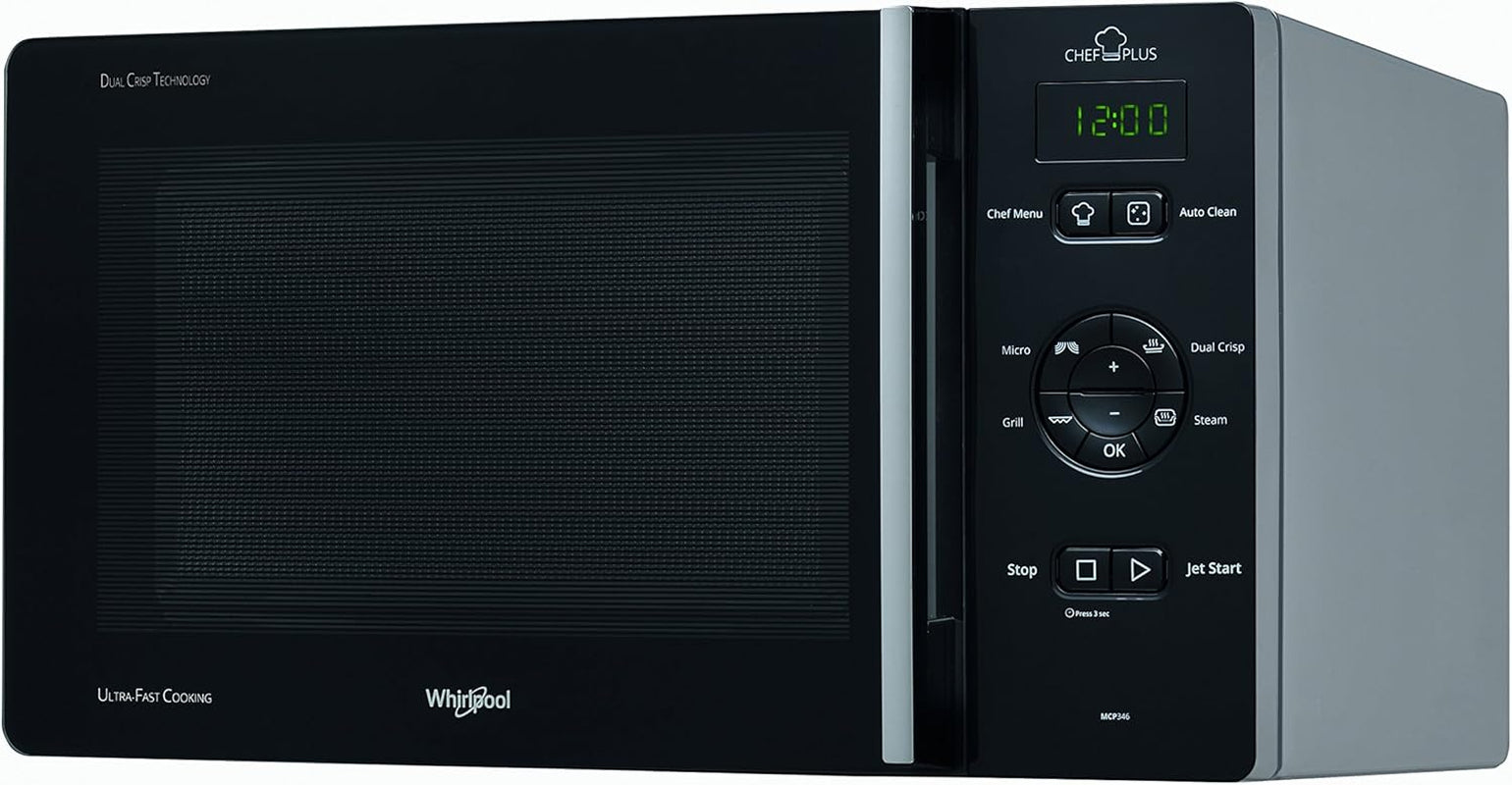 Whirlpool Chefplus Dessus – Micro-Onde (Dessus, Combiné Micro-Ondes, 25 L, 800 W, Boutons, Noir, Argent)