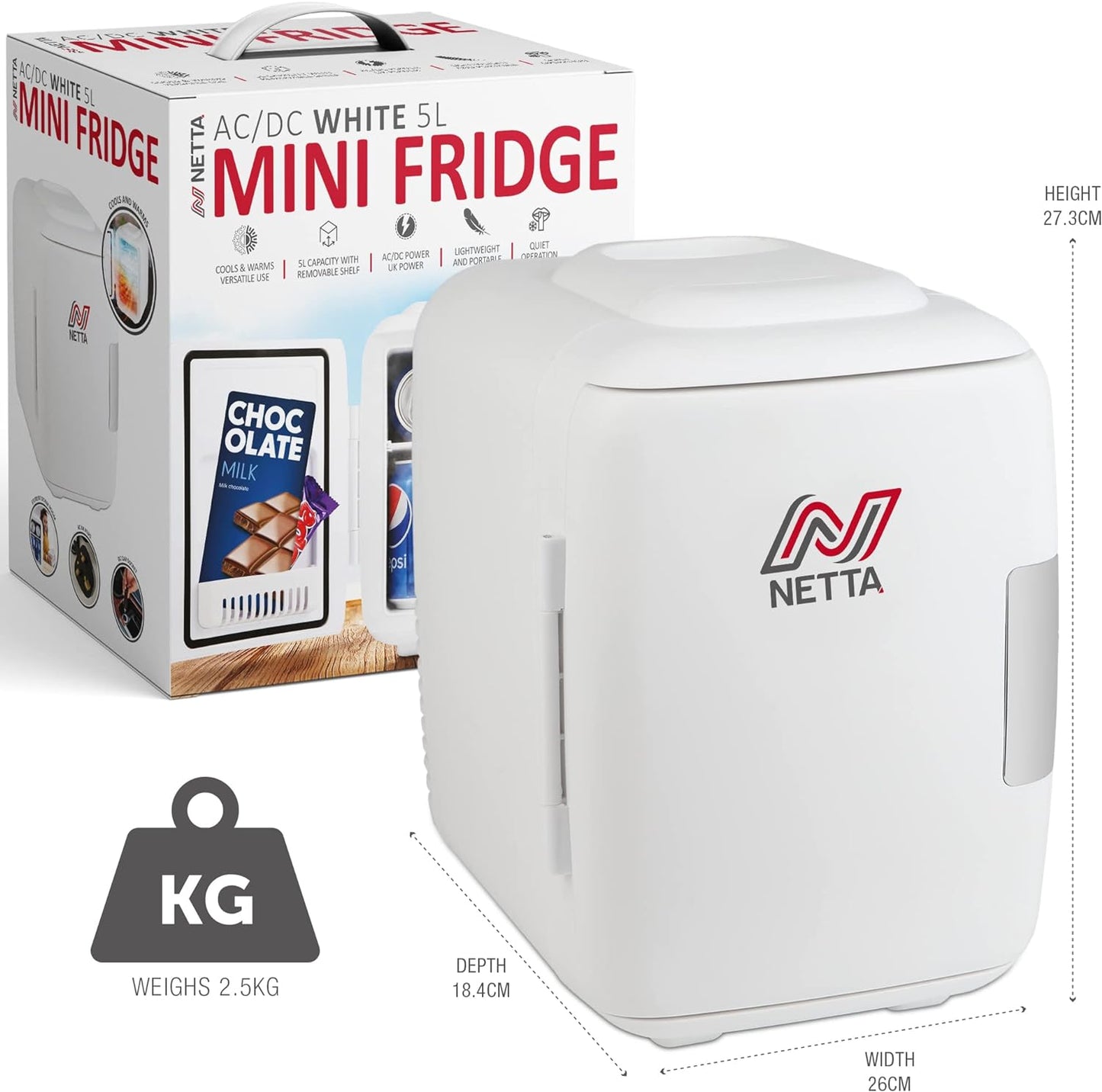 NETTA Mini Réfrigérateur Portable De 5 L Pour Boissons De Bière - Pour Chambre À Coucher, Caravane, Bureau - Avec Fonction De Refroidissement Et De Réchauffement - Portable - AC/DC - Blanc