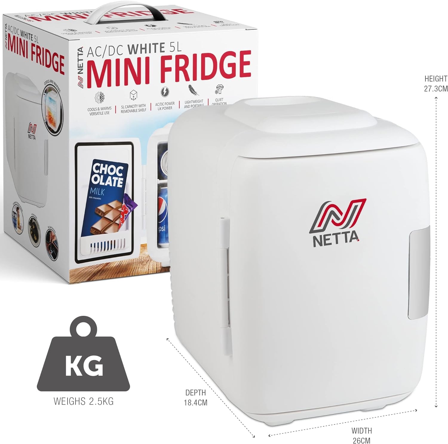 NETTA Mini Réfrigérateur Portable De 5 L Pour Boissons De Bière - Pour Chambre À Coucher, Caravane, Bureau - Avec Fonction De Refroidissement Et De Réchauffement - Portable - AC/DC - Blanc
