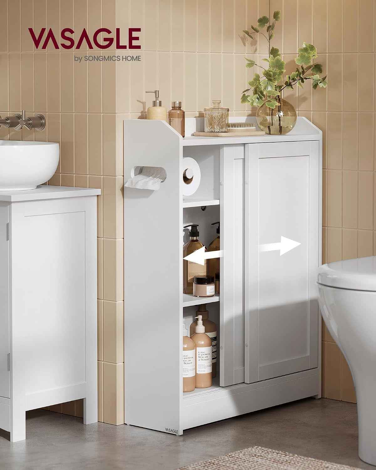 Meuble WC, Meuble Toilette, Pour Salle De Bain, Rangement Papier Toilette, Pour Brosse WC, Portes Coulissantes, Étagères Réglables, À Côté Des WC, 20 X 60 X 80 Cm, Blanc Nuage BBC752W01
