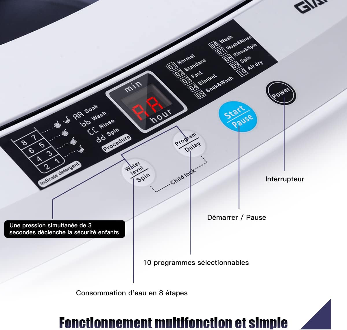 Lave-Linges Machine À Laver 4,5 KG 10 Programmes, Écran D' Affichage LED, Séchage, 50 X 50 X 85 CM, Blanc