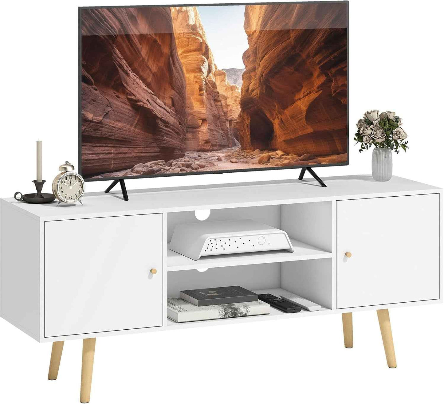 Meuble TV 120 Cm Pour Téléviseur Jusqu'À 55 Pouces Blanc | Meuble Télé, 2 Placards, 2 Étagères Ouvertes, Banc TV Moderne, Salon, Chambre À Coucher