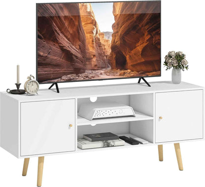 Meuble TV 120 Cm Pour Téléviseur Jusqu'À 55 Pouces Blanc | Meuble Télé, 2 Placards, 2 Étagères Ouvertes, Banc TV Moderne, Salon, Chambre À Coucher