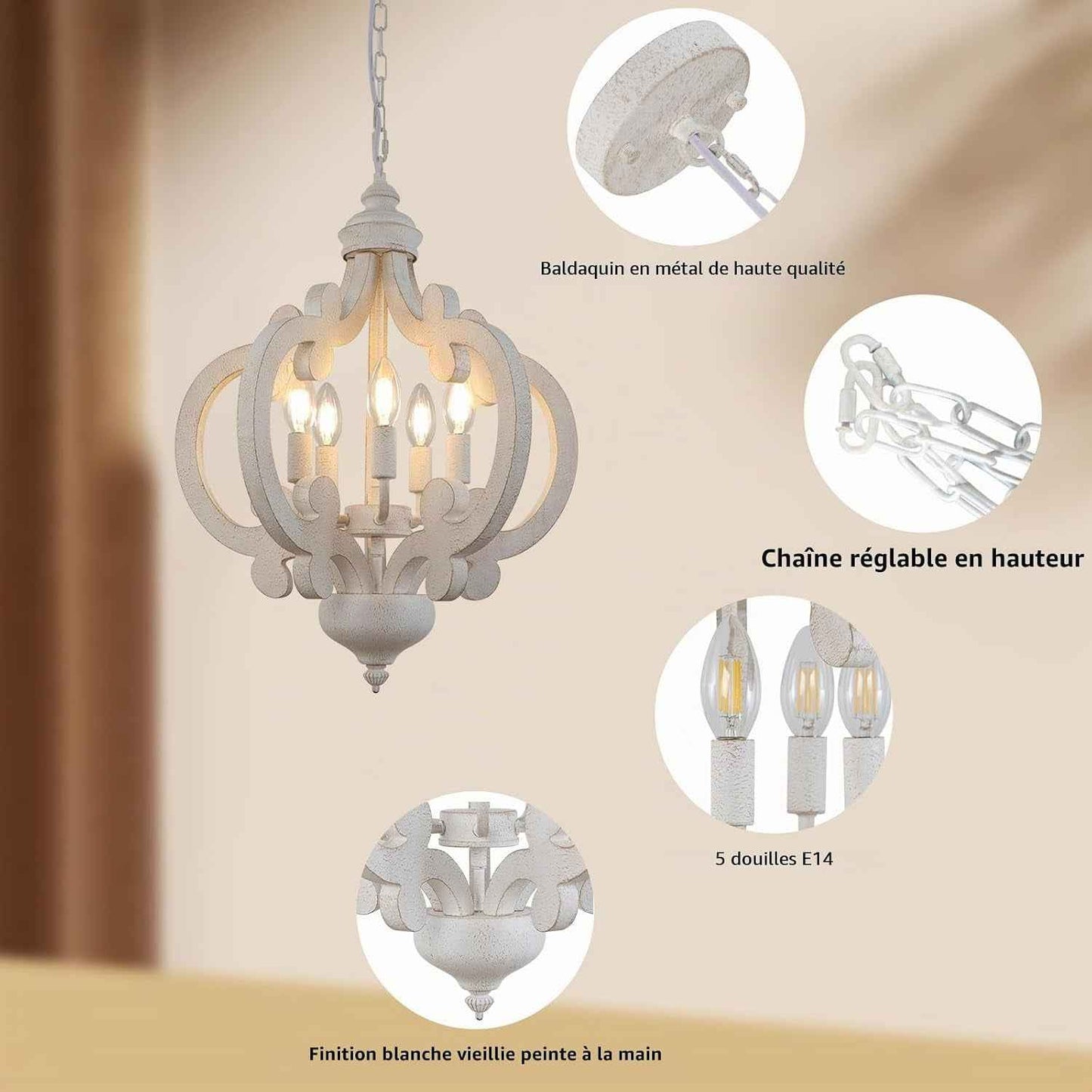 Lustre De Ferme En Bois 5 Lumières Lampe À Suspension Rustique Blanche Vieillie Lustres De Campagne Française Pour Salle À Manger, Chambre À Coucher, Cuisine