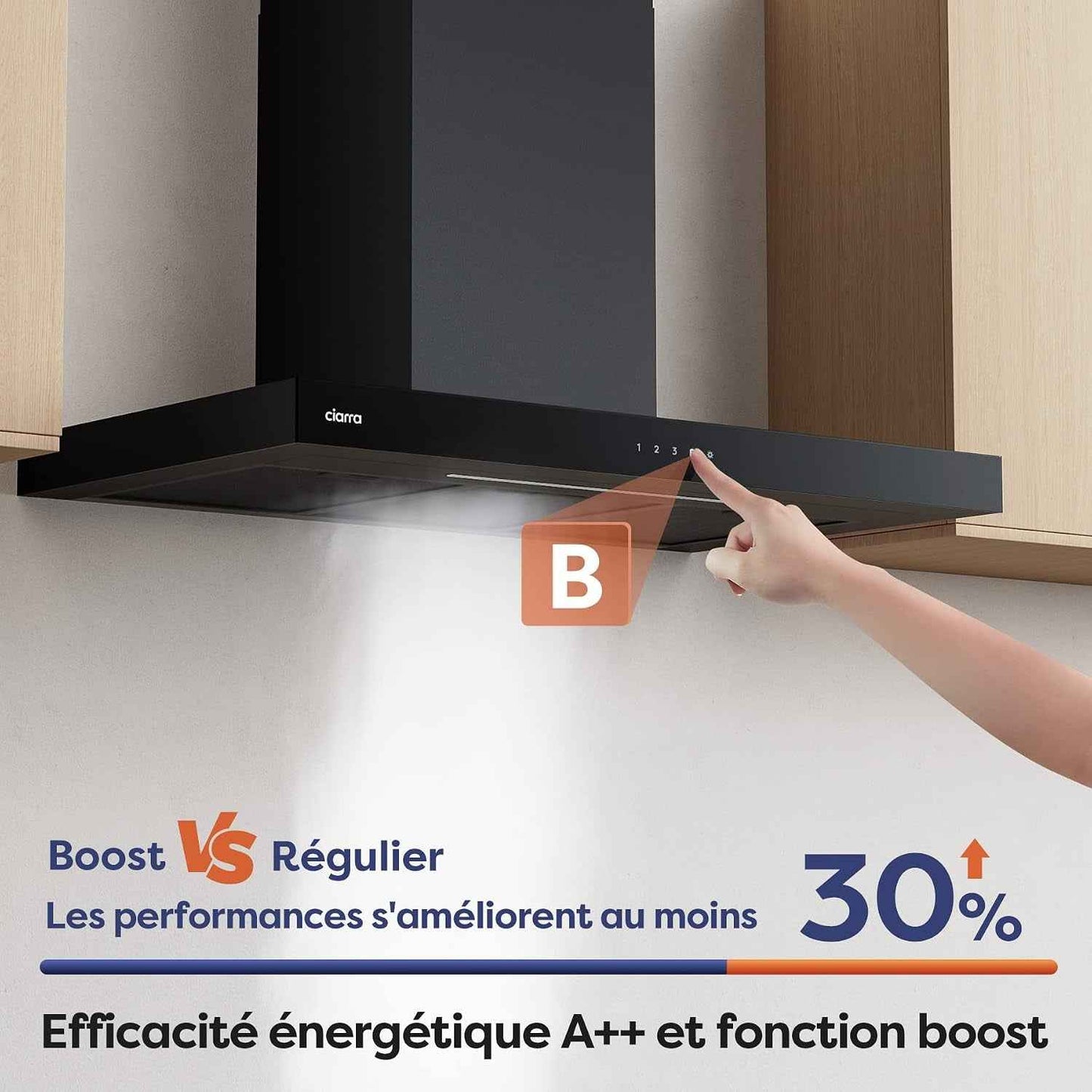 CBCB9102 Hotte Aspirante 90 Cm Classe A+++ 709 M³/H Wifi & APP Noir | Commande Tactile, 4 Vitesses & Boost, Filtre À Charbon CBCF003 Inclus, Recyclage Ou Évacuation, Affichage LED - Hotte Murale.