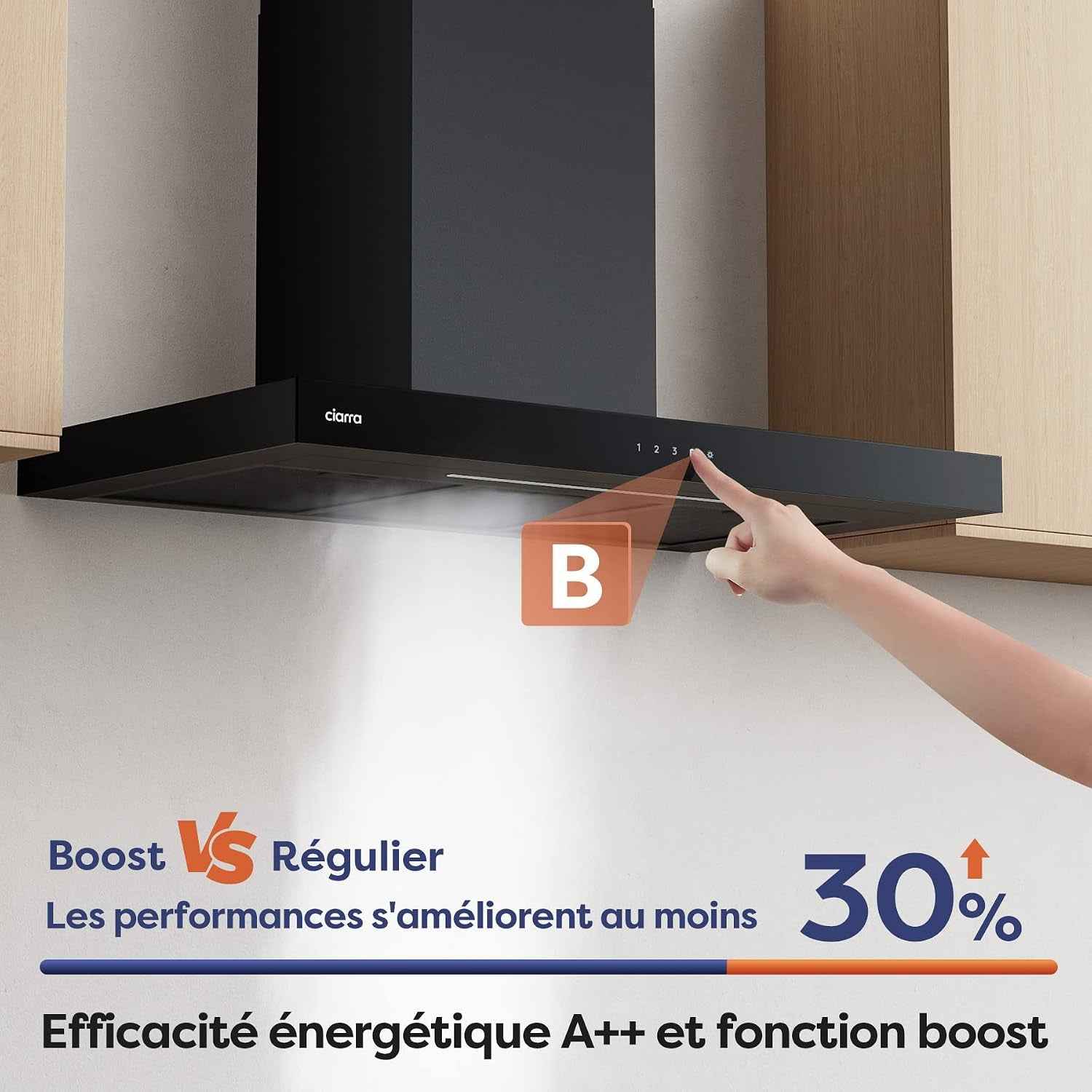 CBCB9102 Hotte Aspirante 90 Cm Classe A+++ 709 M³/H Wifi & APP Noir | Commande Tactile, 4 Vitesses & Boost, Filtre À Charbon CBCF003 Inclus, Recyclage Ou Évacuation, Affichage LED - Hotte Murale.
