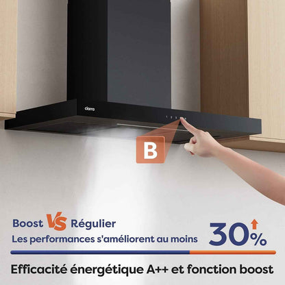 CBCB9102 Hotte Aspirante 90 Cm Classe A+++ 709 M³/H Wifi & APP Noir | Commande Tactile, 4 Vitesses & Boost, Filtre À Charbon CBCF003 Inclus, Recyclage Ou Évacuation, Affichage LED - Hotte Murale.