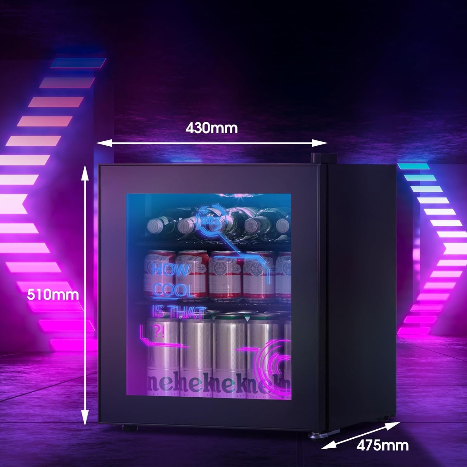 Mini Frigo, Réfrigérateur Pour Boissons Avec Éclairage Moderne Cyberpunk, 48L Petit Frigo Silencieux De 0-15°C, Mini Bar Intérieur, Pour Salle De Jeux, Fête, Noir.