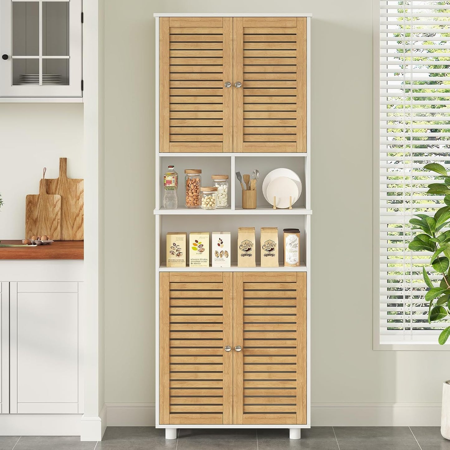 Meuble Colonne De Salle De Bain, Armoire Haute Cuisine Avec 3 Étagères Réglables Et Ouvertes, 4 Portes En Bambou, Meuble De Rangement Pour Salon, Cuisine, Salle De Bain, 60X30X170 Cm