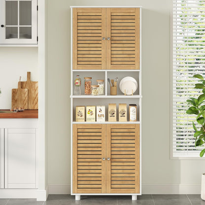Meuble Colonne De Salle De Bain, Armoire Haute Cuisine Avec 3 Étagères Réglables Et Ouvertes, 4 Portes En Bambou, Meuble De Rangement Pour Salon, Cuisine, Salle De Bain, 60X30X170 Cm