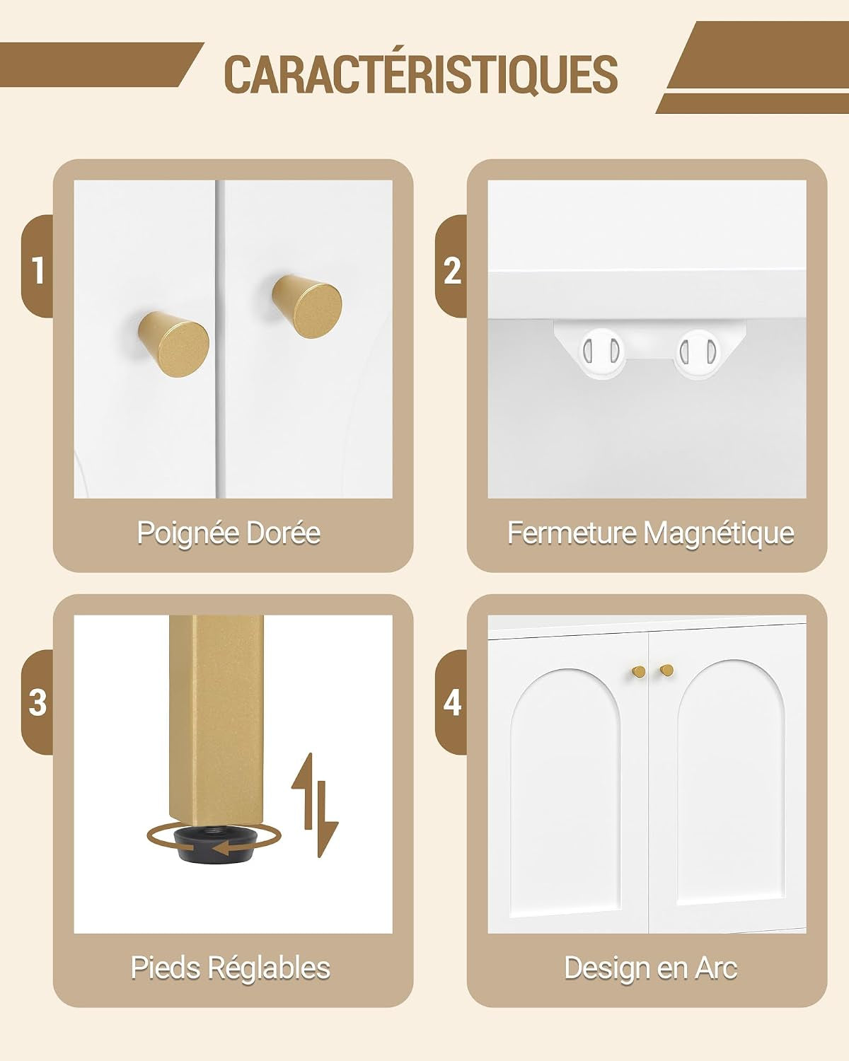 Meuble De Salle De Bain Avec 2 Portes, 3 Compartiments Ouverts | Meuble De Rangement Et Étagères Réglables, Armoire Sur Pied, Pour Salon, Entrée, 35 X 100 X 75 Cm, Blanc-Or SC10203G