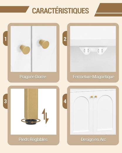 Meuble De Salle De Bain Avec 2 Portes, 3 Compartiments Ouverts | Meuble De Rangement Et Étagères Réglables, Armoire Sur Pied, Pour Salon, Entrée, 35 X 100 X 75 Cm, Blanc-Or SC10203G