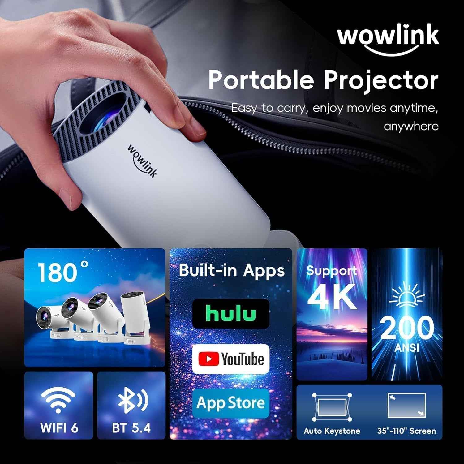 [Apps Intégrées & 2026 Upgraded] Vidéoprojecteur Avec Wifi 6 Et Bluetooth | Projecteur Supporte 4K 1080P Auto Keystone Rotation 180° Compatibile Avec HDMI/TV Stick/Memory Stick/Laptop, Blanc