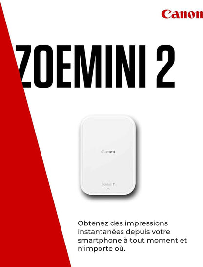 Canon ZOEMINI 2 Imprimante Photo Portable Bluetooth + 10 Papiers Photo | Impression Thermique Sans Encre ; Photos Résistantes À L'Eau Et Déchirures, Tirage Sans Bordure, 20 Photos Par Charge