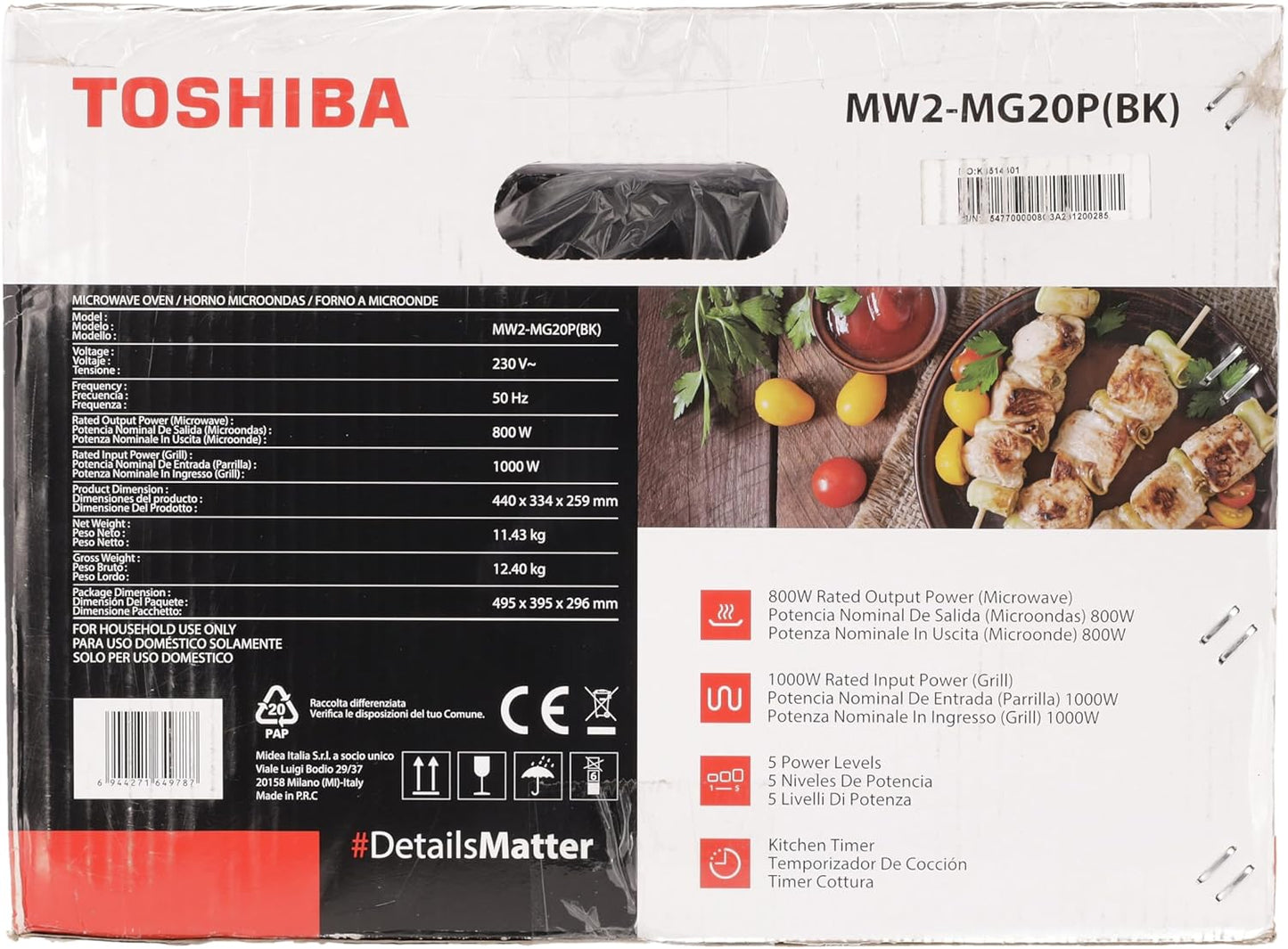 MW2-MG20P(BK) 3-En-1 Four Micro-Ondes Grill Combiné, 20 L, 5 Niveaux De Puissance Réglables, Minuteur, 800 W, Grill 1000 W, Noir