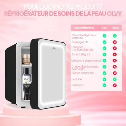 Olvy Réfrigérateur Cosmétique 4 Litres, Mini Frigo, Mini Réfrigérateur Portable Avec Miroir LED, Petit Réfrigérateur Pour Soins De La Peau, Skincare Fridge, Noir