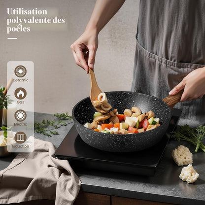 Batterie De Cuisine Induction 12 Pièces Antiadhésives | Noir Granite Set De Poêles Et Casseroles, 100% Sain Et Sans PFOA Ni PFOS, Compatible Avec Toutes Les Plaques De Cuisson