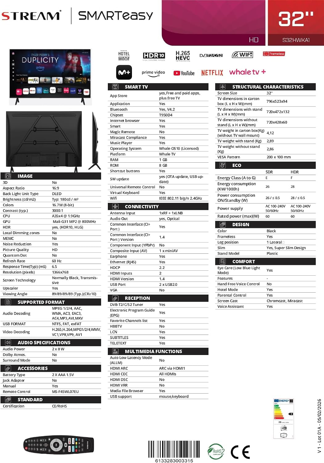- Smart Easy Whale TV 32, HD Ready, 5 Ans De Garantie, Frameless (Sans Cadre), Chromecast Et Miracast Intégrés, Assistant Google, Wi-Fi, DVB-T2/C/S2, Mode Hôtel – Modèle S32HWKA1