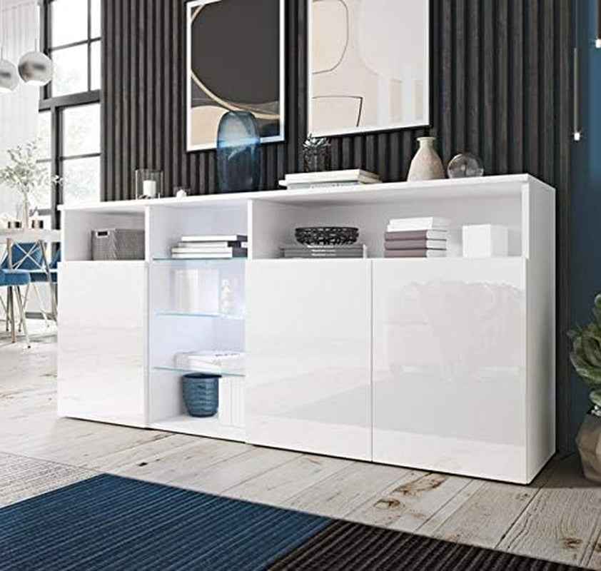 | Buffet Clark Avec Lumière LED Et 3 Portes Pour Salon Et Salle À Manger | Meuble Moderne En Mélamine Brillante | Couleur Blanc | 150X72X35 Cm