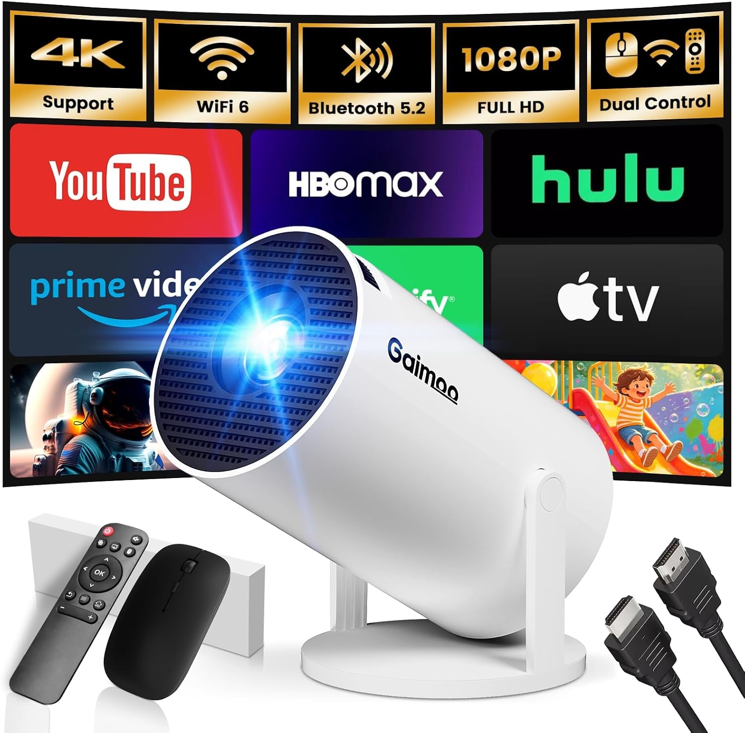 Vidéoprojecteur 2026 Upgraded Supporte 4K 1080P Wifi 6 Bluetooth 5.2 | App Intégrée Rétroprojecteur, Dual Contrôle, Auto Keystone 180° Rotation Compatible Avec HDMI/TV Stick/Usb, Projecteur Video