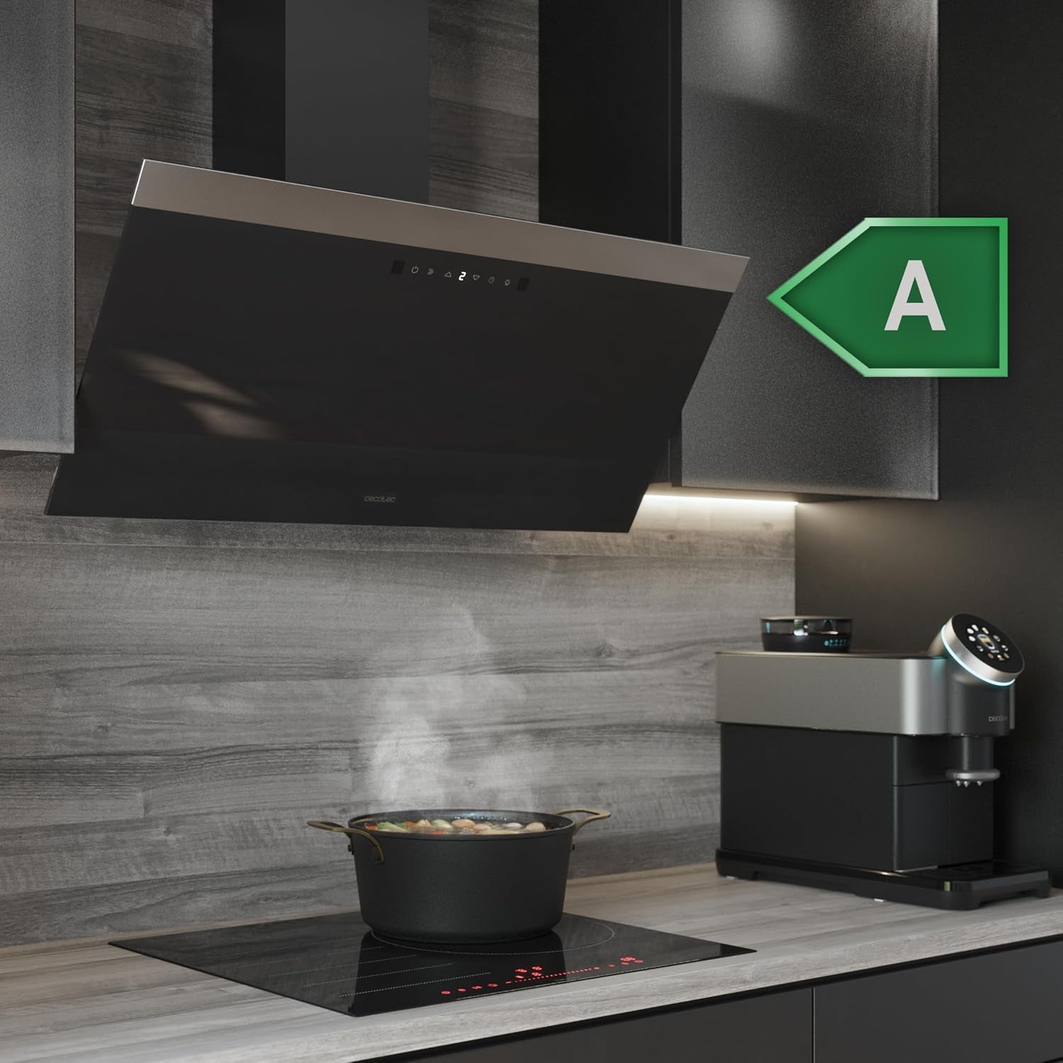 Hotte Aspirante 90Cm Bolero Flux DT 906500 Glass Black A. 165W Sur 3 Niveaux, Finition En Verre Noir, Aspiration 650M3/H, Touch Control, Booster, Light, Carbon Filter