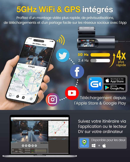 4K Dashcam Voiture Avant Arrière,5G Wifi GPS,2160P+1080P Camera Voiture | 1.5'' IPS Caméra Embarquée Voiture Avec Carte SD 64G,Grand Angle 170°,Vision Nocturne,Wdr,G-Capteur,Mode Stationnement 24H