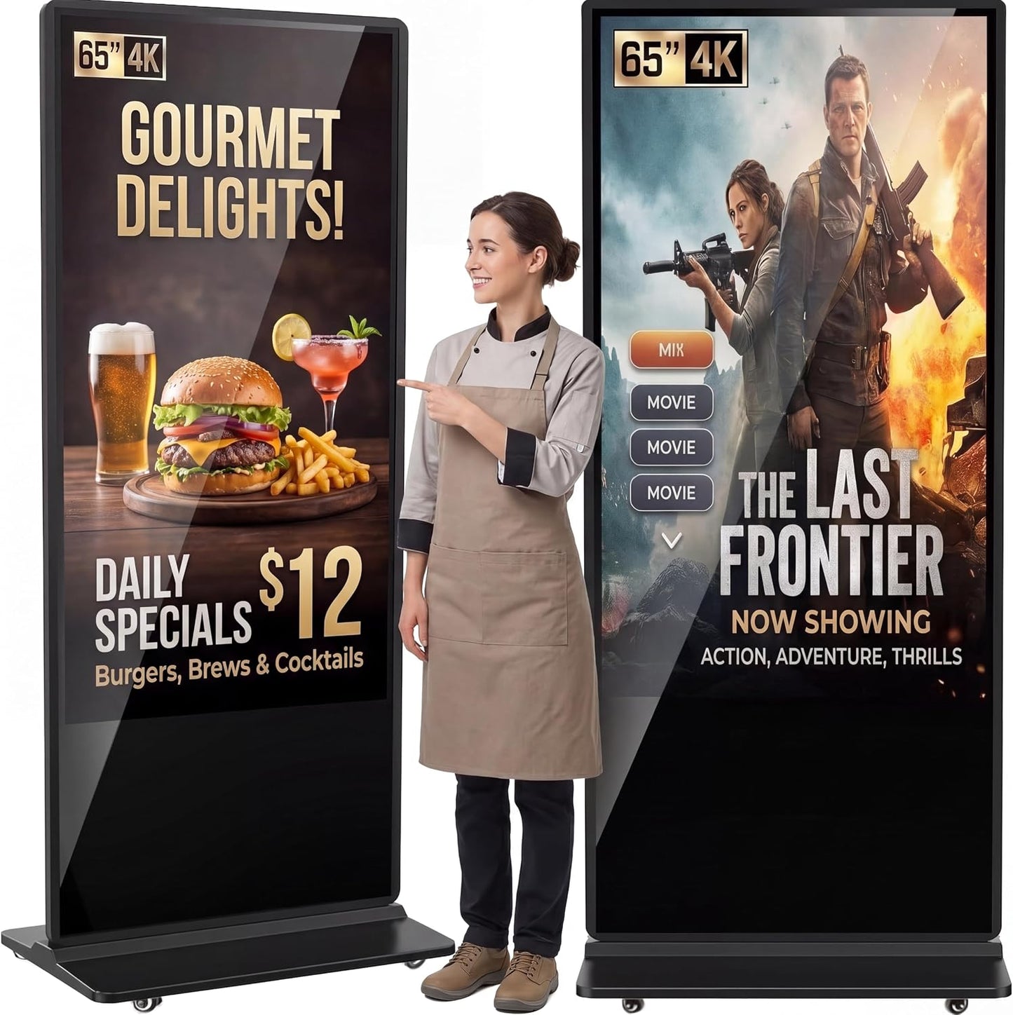 65" Écran Publicitaire 4K, Totem Affichage Autoportant IPS, Luminosité 450 Nits, Système Android, Ecran Publicitaire Interactive Pour Commerces Et Restaurants, Hdmi/Usb/Wifi, Tactile