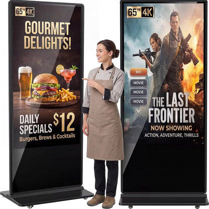65" Écran Publicitaire 4K, Totem Affichage Autoportant IPS, Luminosité 450 Nits, Système Android, Ecran Publicitaire Interactive Pour Commerces Et Restaurants, Hdmi/Usb/Wifi, Tactile