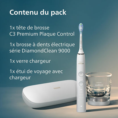Diamondclean 9000 - Brosse À Dents Électrique, 4 Modes De Brossage, 3 Niveaux D'Intensité, Capteur De Pression, Connecté À L’Application, Étui De Voyage USB, Blanc, Modèle HX9911/27