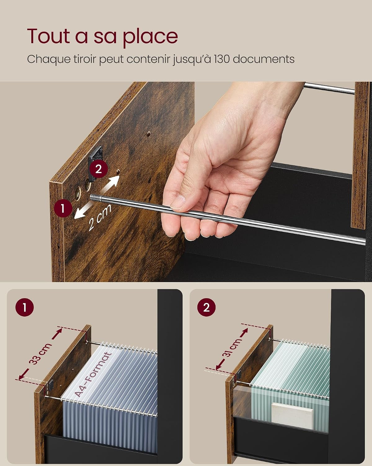 Custos Collection - Meuble De Bureau, Meuble De Rangement, Support Pour Imprimante, Avec 3 Tiroirs Verrouillables, Tringles Réglables, Compatible Avec Formats A4, Marron Rustique OFC055KD01