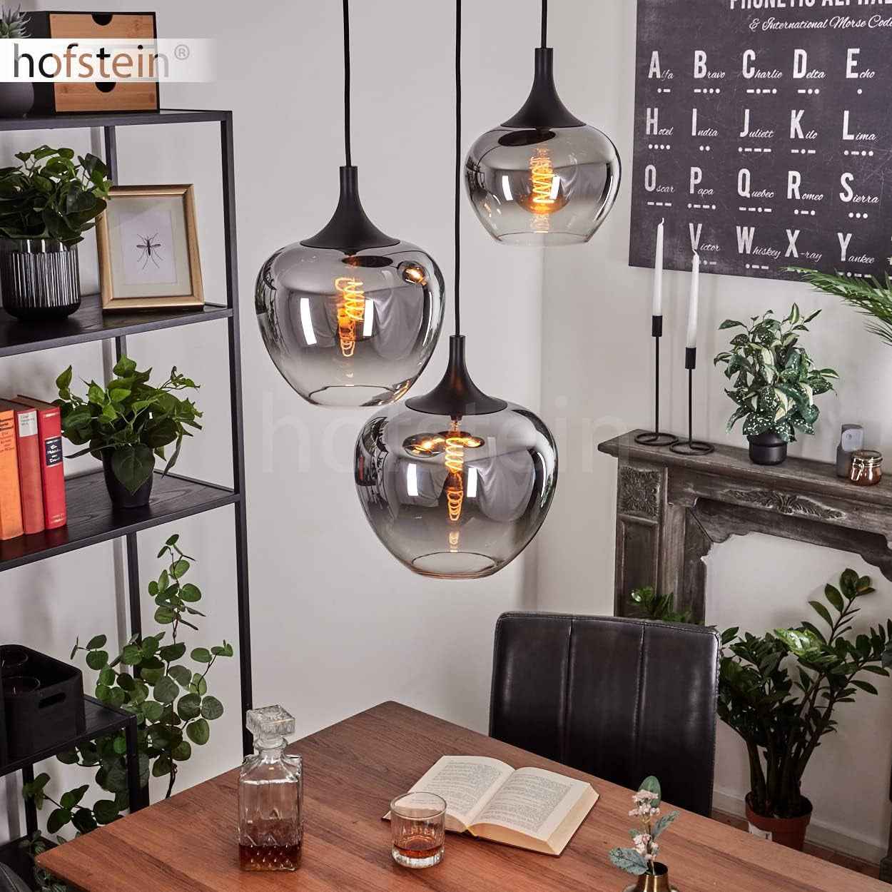 Azurara Lampe Suspendue En Métal/Verre Noir/Fumé/Transparent Design Moderne 3 Flammes Hauteur Max. 120 Cm 3 Ampoules E27