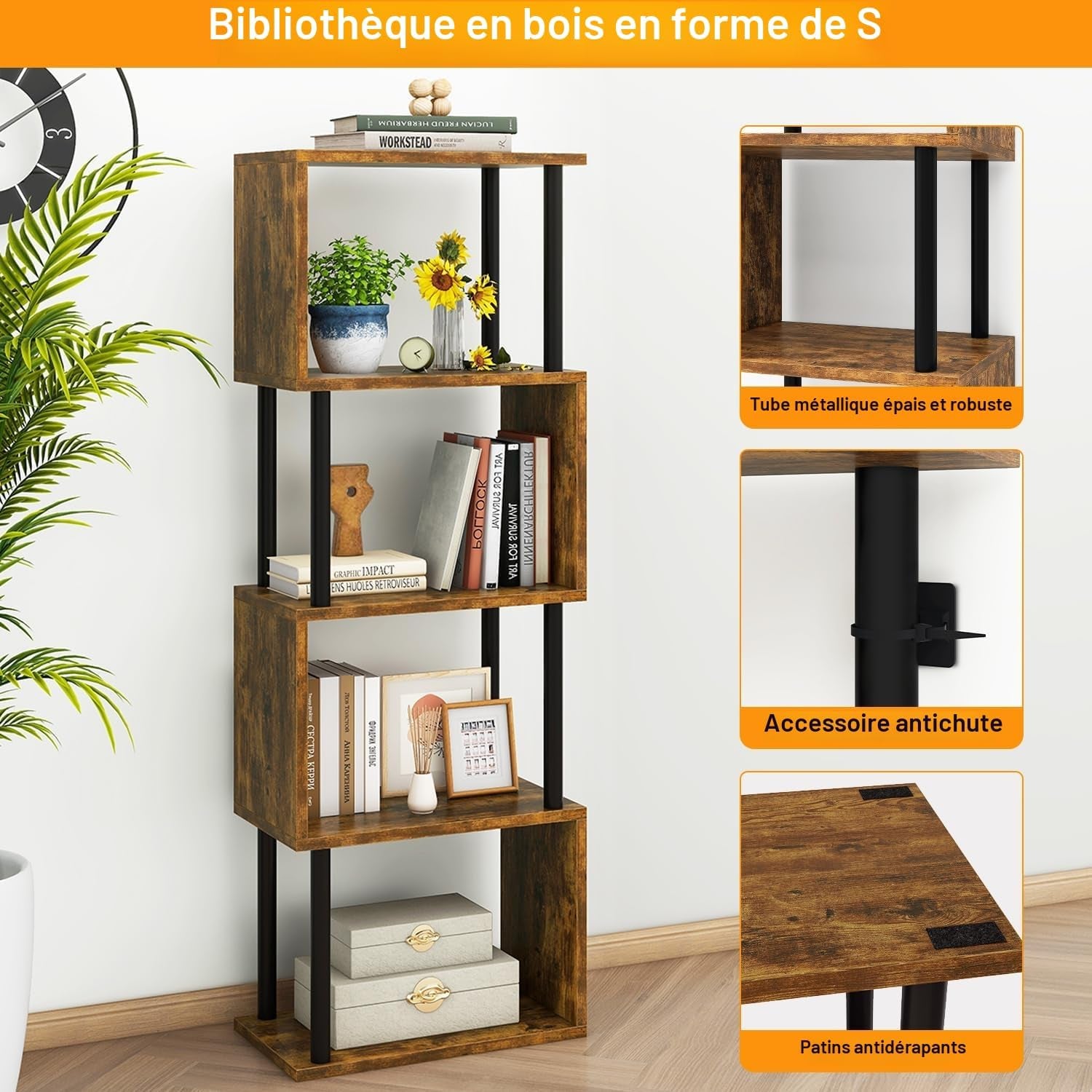 Bibliothèque En Forme De S, Étagère À 5 Niveaux,Marron WBC015H | Meuble De Rangement Bibliothèque Bois Moderne Pour Salon Chambre À Coucher Bureau À Domicile