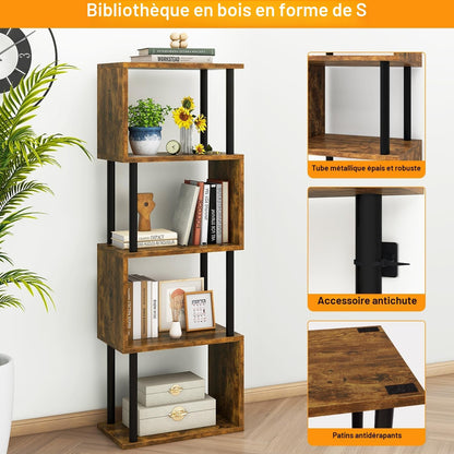 Bibliothèque En Forme De S, Étagère À 5 Niveaux,Marron WBC015H | Meuble De Rangement Bibliothèque Bois Moderne Pour Salon Chambre À Coucher Bureau À Domicile