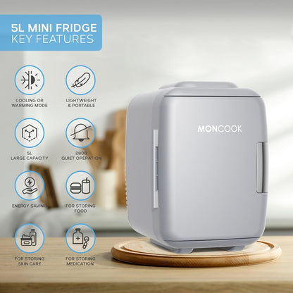 MONCOOK Mini Réfrigérateur - Mini Réfrigérateurs Portables Pour Les Soins De La Peau, La Médecine, La Nourriture Et Les Boissons - Fonction De Refroidissement Et De Réchauffement - 5L - Mono Gris