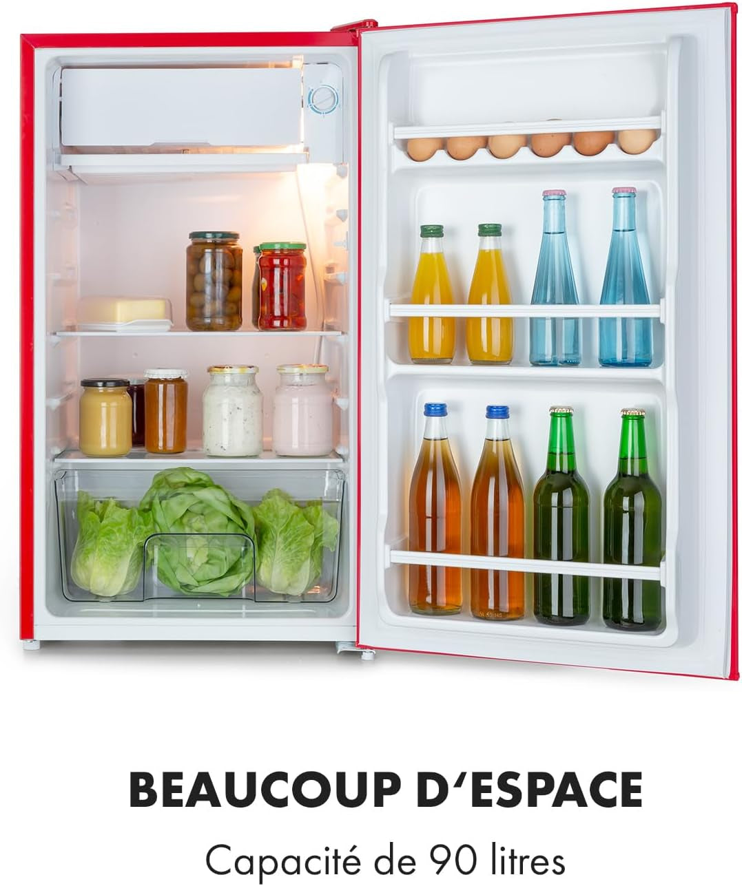 Beercracker - Réfrigérateur 90 L, 90 L, Classe D'Efficacité Énergétique E, Compartiment Congélateur, 3 Compartiments De Porte, Décapsuleur Sur L'Appareil, 2 Clayettes En Verre, Rouge