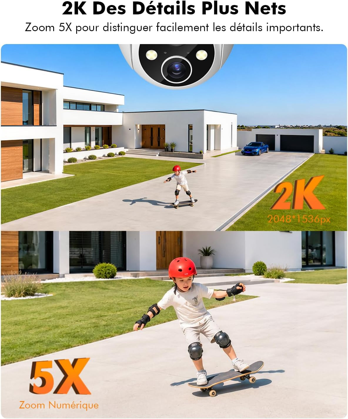 2K Camera Surveillance Wifi Exterieure Sans Fil Solaire, 360° PTZ | Caméra Extérieure Solaire, Avec Panneau Déporté 2M, Vision Nocturne Couleur, Détection PIR, Audio 2 Voies, 2,4 Ghz IP66