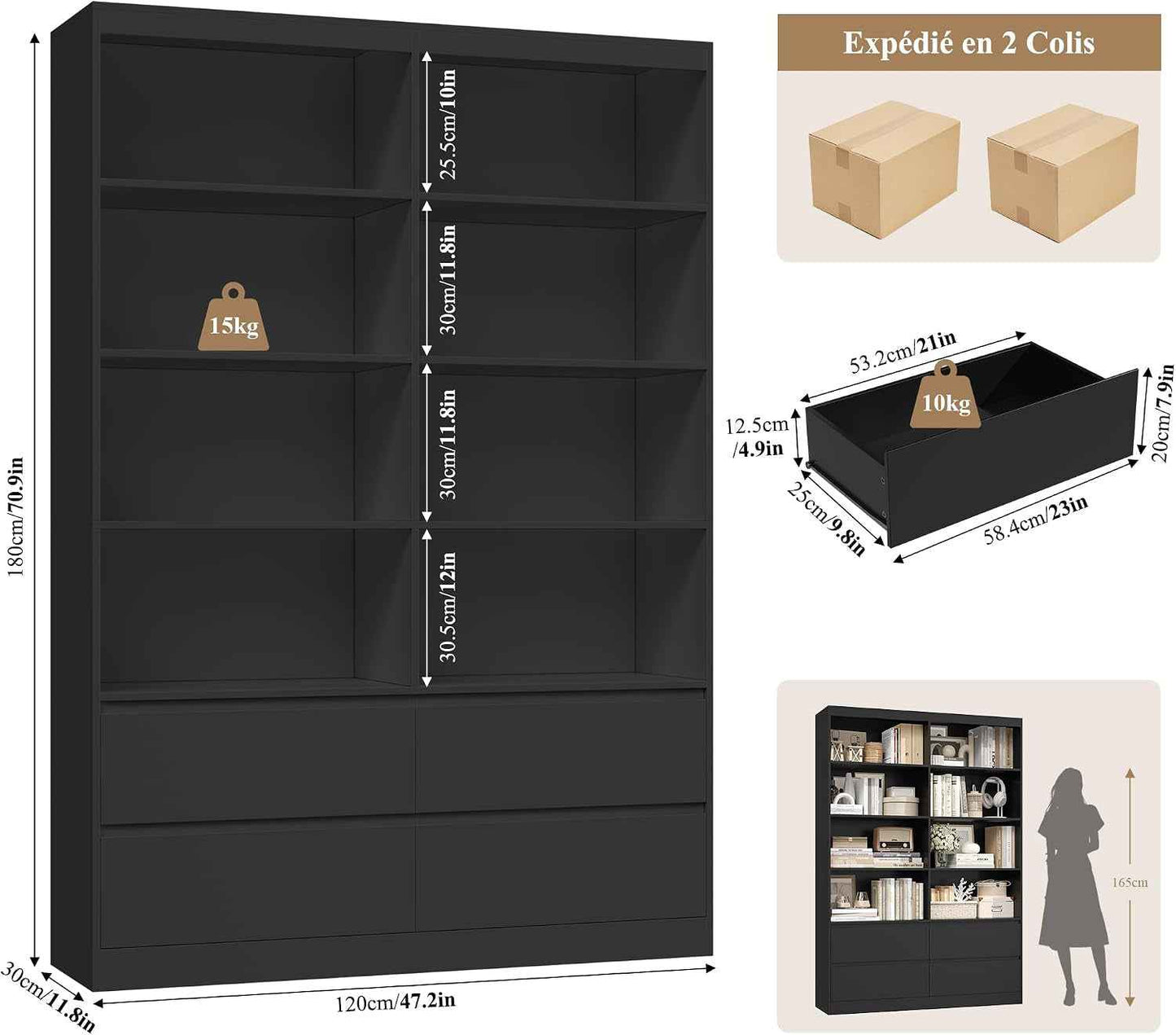 Bibliotheque 120Cm Meuble De Rangement 4 Tiroirs 9 Étagères Noire | 120X30X180 Cm, Base Surélevée, Poignées Encastrées, Grande Bibliothèque Etagere Rangement, Pour Salon Bureau Chambre