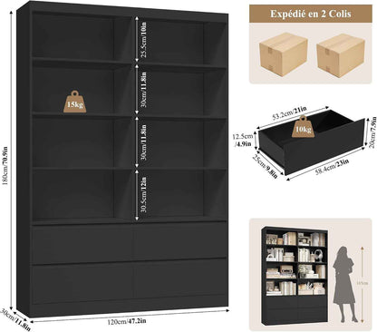 Bibliotheque 120Cm Meuble De Rangement 4 Tiroirs 9 Étagères Noire | 120X30X180 Cm, Base Surélevée, Poignées Encastrées, Grande Bibliothèque Etagere Rangement, Pour Salon Bureau Chambre