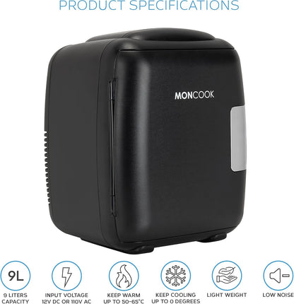 MONCOOK Mini Réfrigérateur - Mini Réfrigérateurs Portables Pour Les Soins De La Peau, La Médecine, La Nourriture Et Les Boissons - Fonction De Refroidissement Et De Réchauffement - 9L - Mono Noir