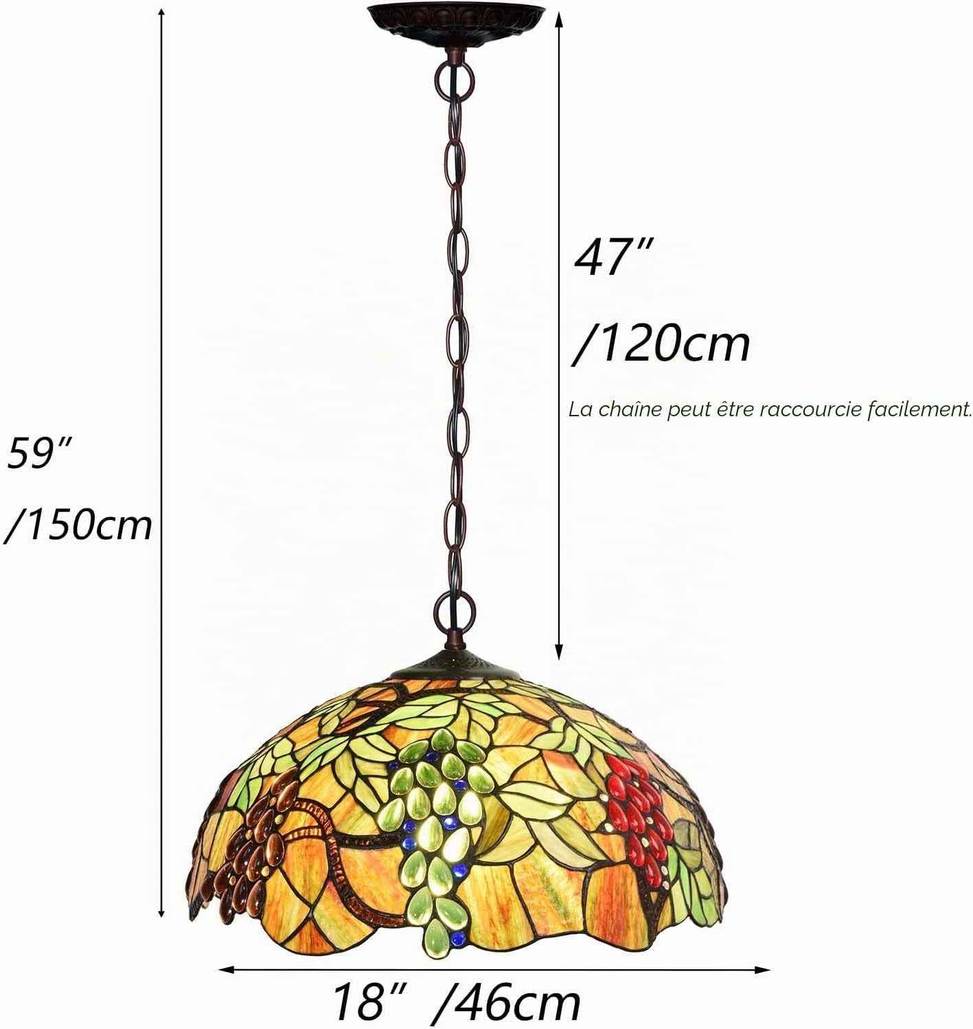 L30762 Plafonnier Suspendu En Verre Teinté Style Tiffany Raisin Avec Abat-Jour De 45,7 Cm De Large, 3 Lumières, Câblé