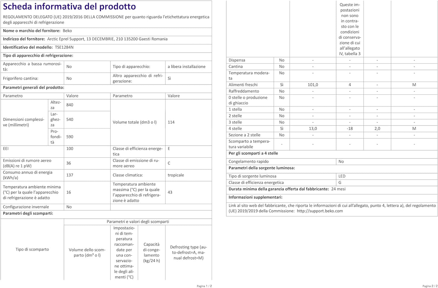 Beko TSE1284N Réfrigérateur Table Top - Volume Total 114L : 101L (Réfrigération) + 13L (Congélation), Compartiment Congélation 4 Étoiles, Minfrost, Charnière De Porte Réversible, Blanc