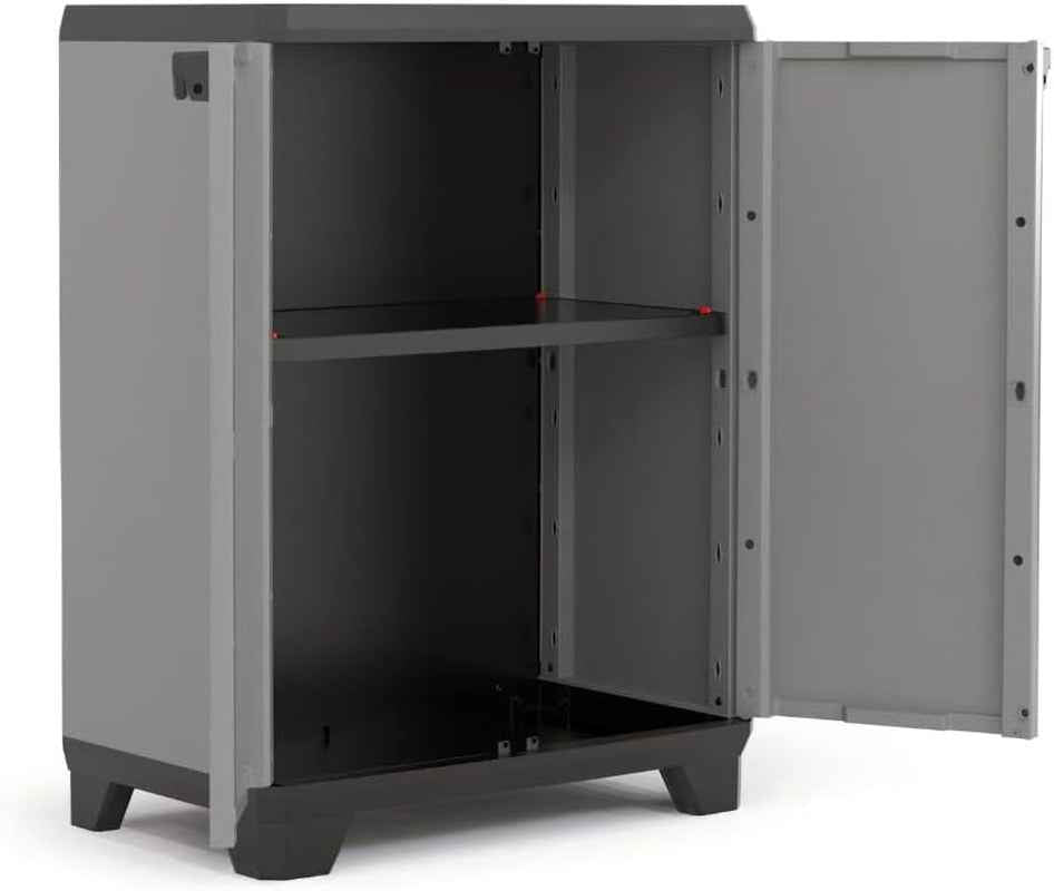 Armoire Basse STILO - Armoire De Rangement Verrouillable - Étagère Et Pieds Ajustables, Poignée Soft Touch - Cuisine, Garage, Atelier, Placard - 68 X 39 X 90 Cm - Gris/Noir/Rouge