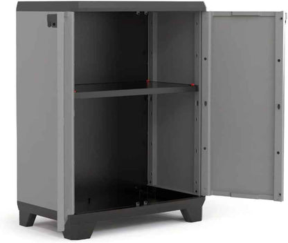 Armoire Basse STILO - Armoire De Rangement Verrouillable - Étagère Et Pieds Ajustables, Poignée Soft Touch - Cuisine, Garage, Atelier, Placard - 68 X 39 X 90 Cm - Gris/Noir/Rouge