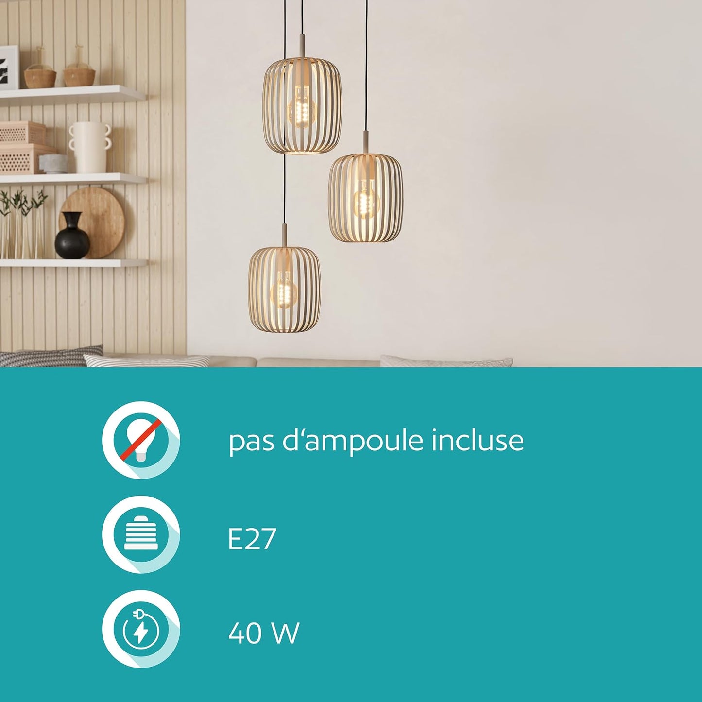 Suspension Luminaire Romazzina, Lustre À 3 Lampes Pour Salon Et Salle | À Manger, Lampe De Plafond Suspendue, Métal Couleur Sable, Douille E27, Ø 46 Cm