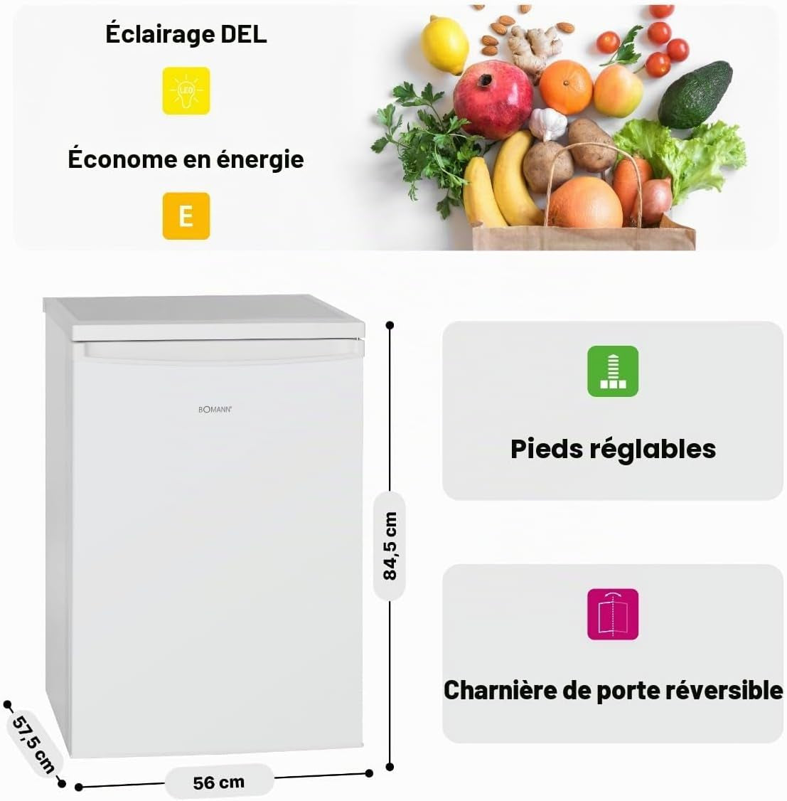 Réfrigérateur 133 L Pose Libre Éclairage LED VS 2185-1, Blanc | Éclairage Intérieur LED, Contrôle De La Température En Continu, 3 Clayettes En Verre, Pose Libre