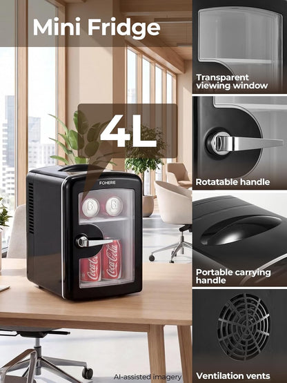 Mini Frigo De Chambre Capacité De 4L, 6 Canettes 355Ml, Réfrigérateur Voiture 12V 220V Silencieux Petit Frigo Cosmetique, Fonction Chaud/Froid, Pour Domestique Voiture, Noir