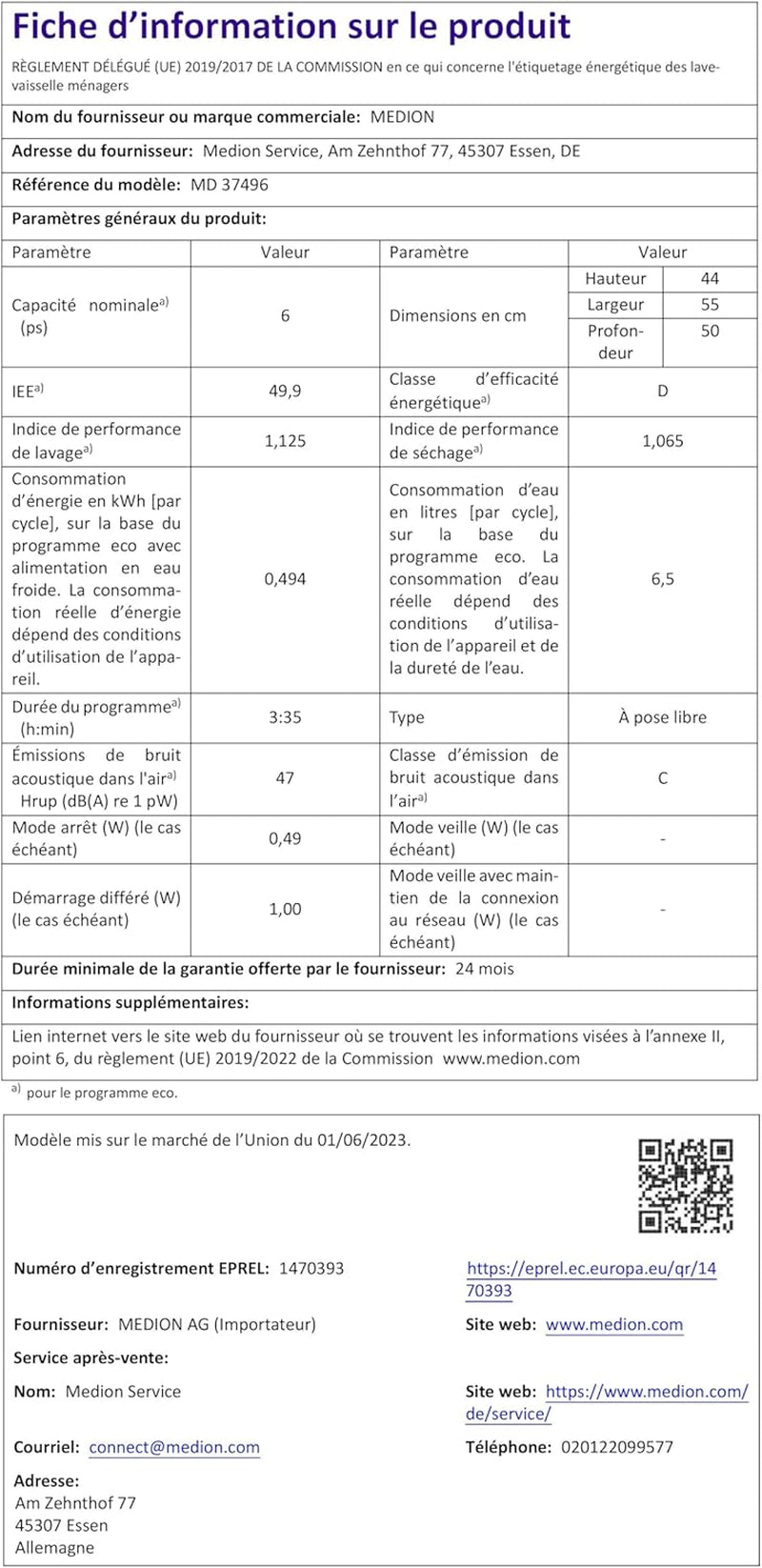 Lave-Vaisselle De Table (Capacité 6 Couverts, 7 Programmes De Nettoyage, Affichage LED, 47 Db, MD37496) Noir
